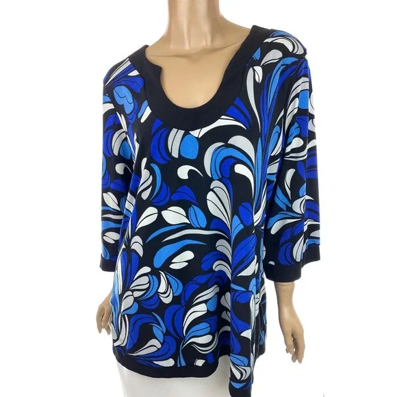 NY Collection Sz XL Blouse Black Blue White Pattern 3/4 Sleeve Polyester/Spandex - Picture 1 of 5